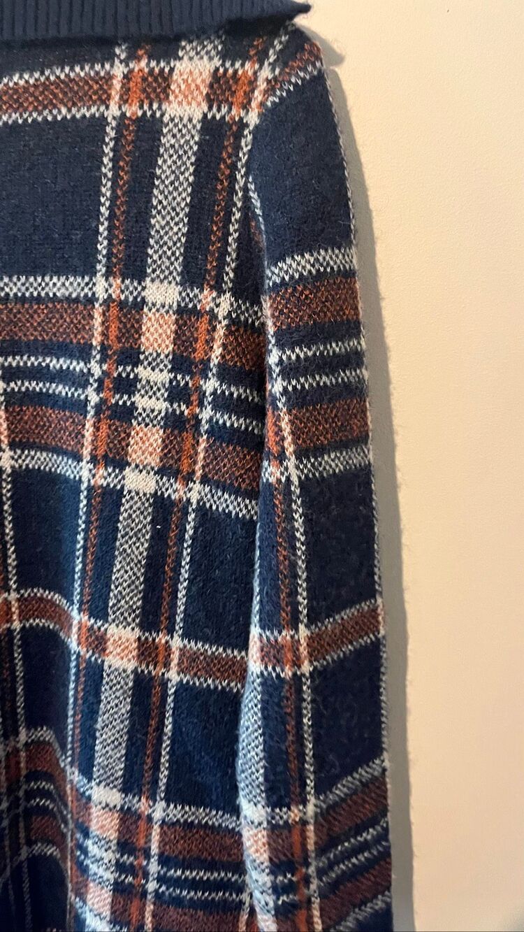 Tahari Plaid Open Front Cardigan Sweater Coat Medium Navy Blue Brown Wool Blend - Picture 5 of 9